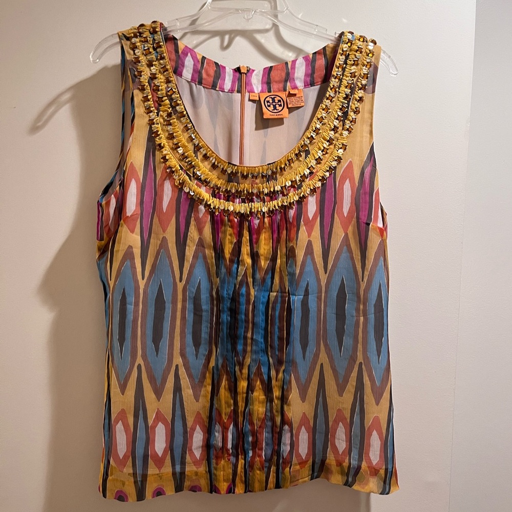 Tory Burch Lined Silk Blouse Tank with beading sequins neckline, Ikat Print sz10